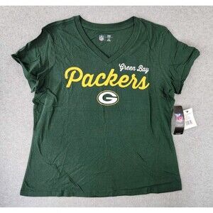 NEW Green Bay Packers‎ NFL T-shirt V-neck Football Tee Green Women's Plus 2XL